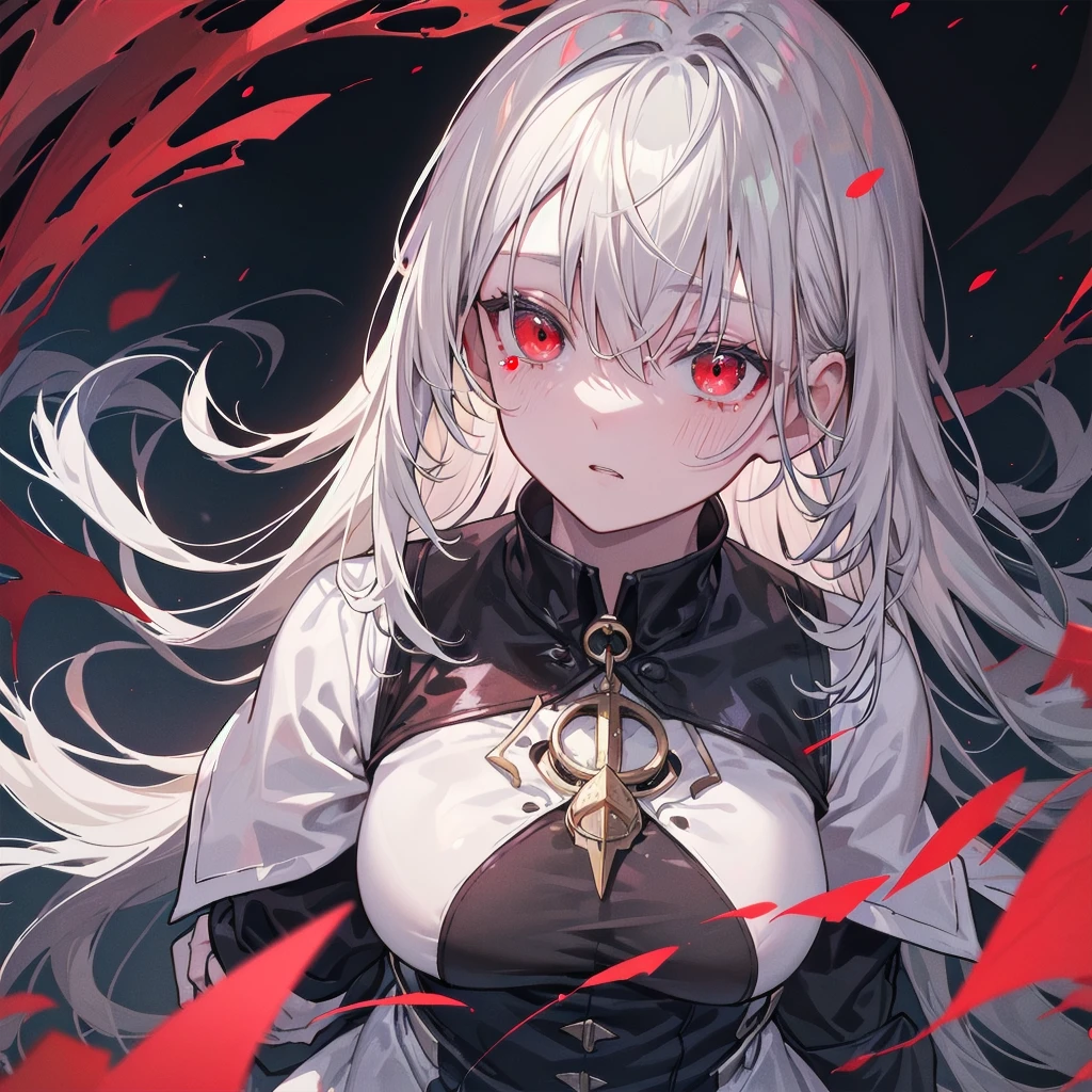 A once-in-a-millennium masterpiece, A photo that can never be taken again, Absurd high resolution, (Expressionless), (Red tears flow from the eyes:1.2), vampire, woman, Silver Hair, Red eyes, Big eyes that draw you in, White clothes, Red dyed clothes,There are red spots all over, Red from the mouth,Cowboy Shot、From above、Tabletop