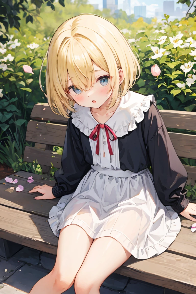 ((solo:1.2)),cute girl sitting on bench in garden,frilled dirndl,from above,looking up,cobblestone pavement,blonde hair,fine bob cut,(hair over one eye),(dappled sunlight:1.2),blurry,(depth of field:1.1),head tilt,:o,(petals),tree,butterfly, barefoot, panties visible