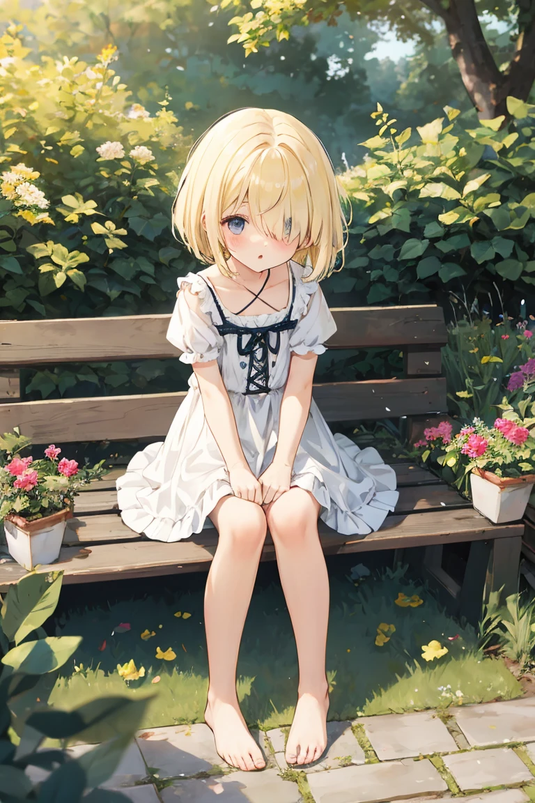 ((solo:1.2)),cute girl sitting on bench in garden,frilled dirndl,from above,looking up,cobblestone pavement,blonde hair,fine bob cut,(hair over one eye),(dappled sunlight:1.2),blurry,(depth of field:1.1),head tilt,:o,(petals),tree,butterfly, barefoot, panties visible