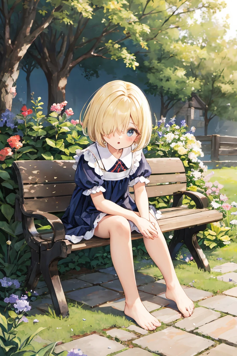 ((solo:1.2)),cute girl sitting on bench in garden,frilled dirndl,from above,looking up,cobblestone pavement,blonde hair,fine bob cut,(hair over one eye),(dappled sunlight:1.2),blurry,(depth of field:1.1),head tilt,:o,(petals),tree,butterfly, barefoot, panties visible