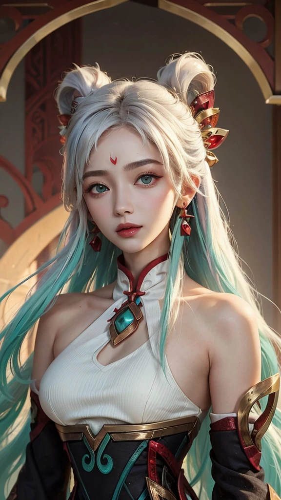(masterpiece, best quality:1.2), intricate details, mythmaker irelia, 1girl, hair ornament, hair rings, bare shoulders, dress, detached sleeves, forehead mark, multicolored hair, white hair, earrings, green eyes, textured skin, looking at viewer, solo, light smile, (mature female:1.2),sexy pose