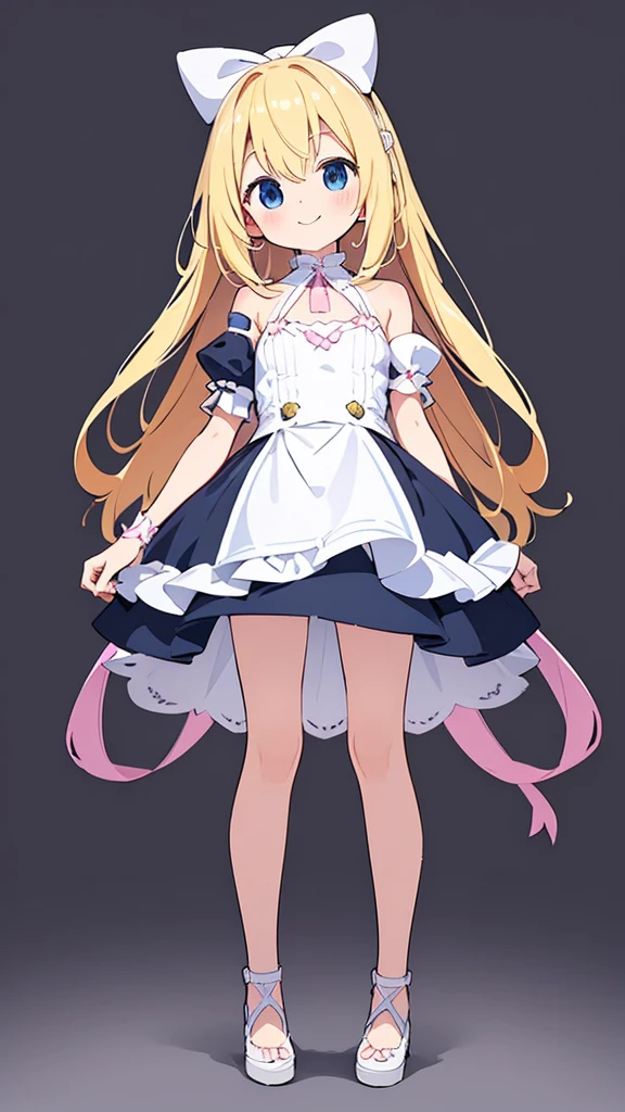 ((masterpiece))((Highest quality))girl、smile、blush、Flat Chest、Are thin、Blonde Hair、blush、Are standing、Whole body image、Eye level to the feet、front、No background、真frontのアングル、Alice&#39;s outfit full of frills、Twin tails、、Fisheye Lens