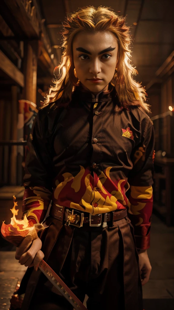 Ultra detailed, highres, absurdres, HDR, master piece, Rengoku Kyojuro, blond hair, expressive golden eyes, white haori with patters of flames, black demon slayer uniform, Kimetsu No Yaiba, fantasy, petals, red flowers, handsome, sexy man grabbing a sword, solo, magic, shining red fireflies, red moon, best quality, extremely detailed face and eyes, fire, grabbing a sword