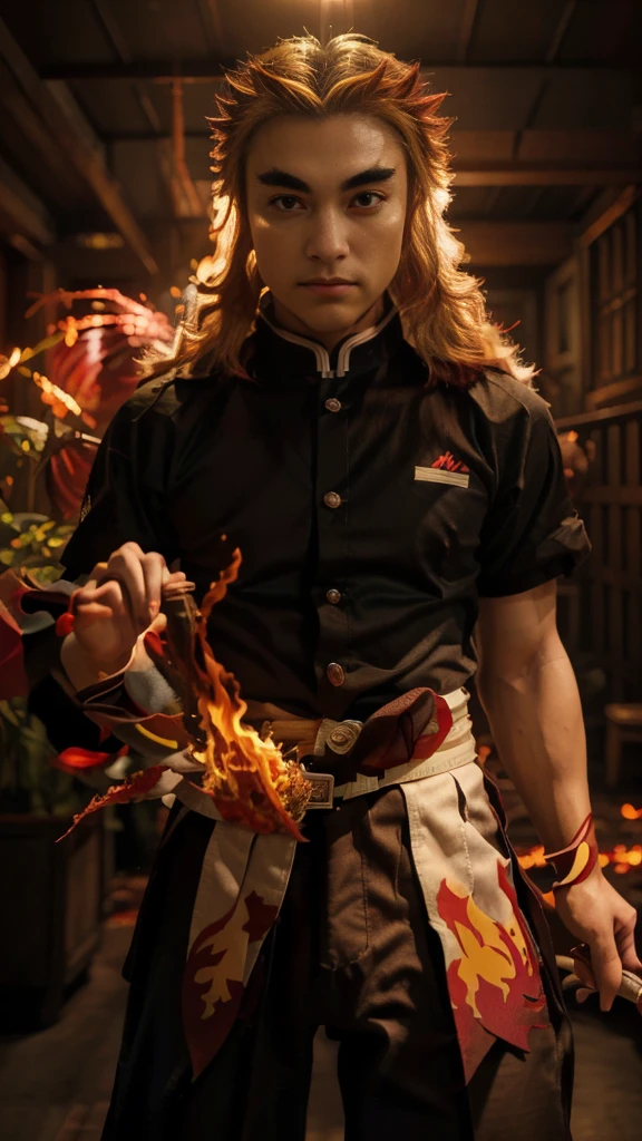 Ultra detailed, highres, absurdres, HDR, master piece, Rengoku Kyojuro, blond hair, expressive golden eyes, white haori with patters of flames, black demon slayer uniform, Kimetsu No Yaiba, fantasy, petals, red flowers, handsome, sexy man grabbing a sword, solo, magic, shining red fireflies, red moon, best quality, extremely detailed face and eyes, fire, grabbing a sword