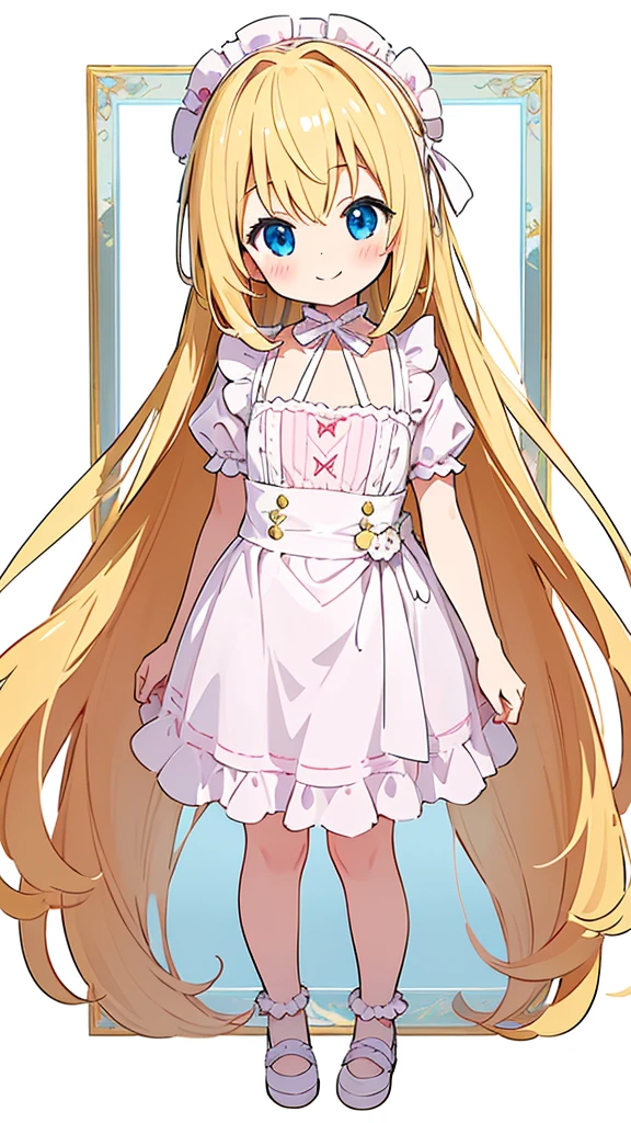 ((masterpiece))((Highest quality))girl、smile、blush、Flat Chest、Are thin、Blonde Hair、blush、Are standing、Whole body image、Eye level to the feet、front、No background、真frontのアングル、Alice&#39;s outfit full of frills、Twin tails、、Fisheye Lens