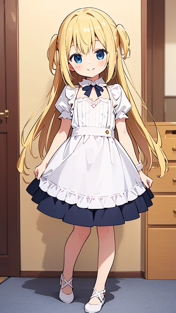 ((masterpiece))((Highest quality))girl、smile、blush、Flat Chest、Are thin、Blonde Hair、blush、Are standing、Whole body image、Eye level to the feet、front、No background、真frontのアングル、Alice's outfit full of frills、Twin tails、、Fisheye Lens