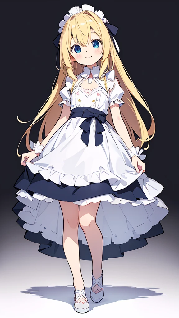 ((masterpiece))((Highest quality))girl、smile、blush、Flat Chest、Are thin、Blonde Hair、blush、Are standing、Whole body image、Eye level to the feet、front、No background、真frontのアングル、Alice&#39;s outfit full of frills、Twin tails、、Fisheye Lens