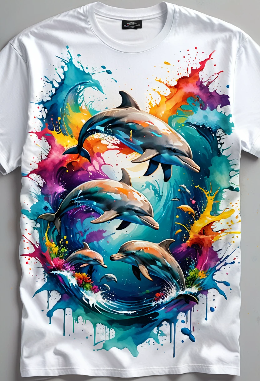 A t-shirt with a colorful illustration of dolphins in the middle of the sea, in the center, vibrant colors, paint splatters and stains, ultra details, 32K quality, neutral background
(artwork, best quality, professional, perfect composition, very aesthetic, absurdity, super detailed, intricate details:1.3)