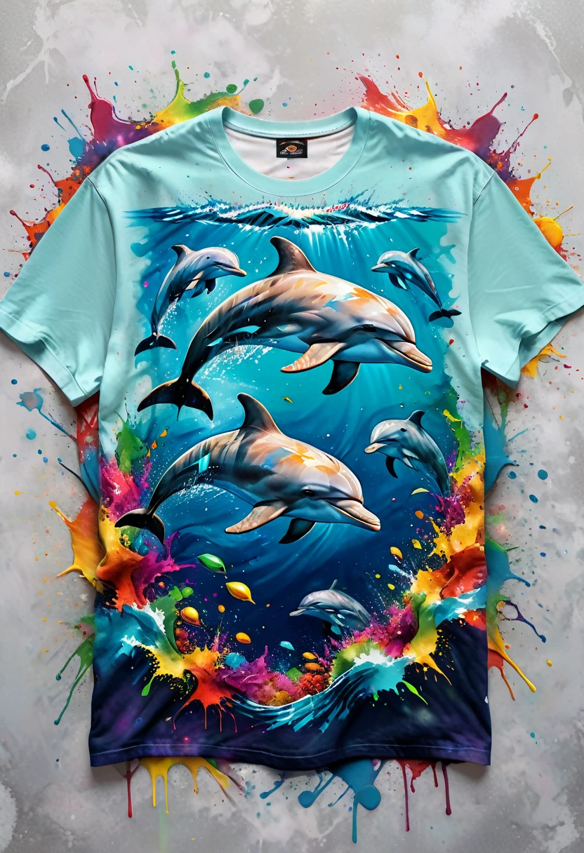 A t-shirt with a colorful illustration of dolphins in the middle of the sea, in the center, vibrant colors, paint splatters and stains, ultra details, 32K quality, neutral background
(artwork, best quality, professional, perfect composition, very aesthetic, absurdity, super detailed, intricate details:1.3)