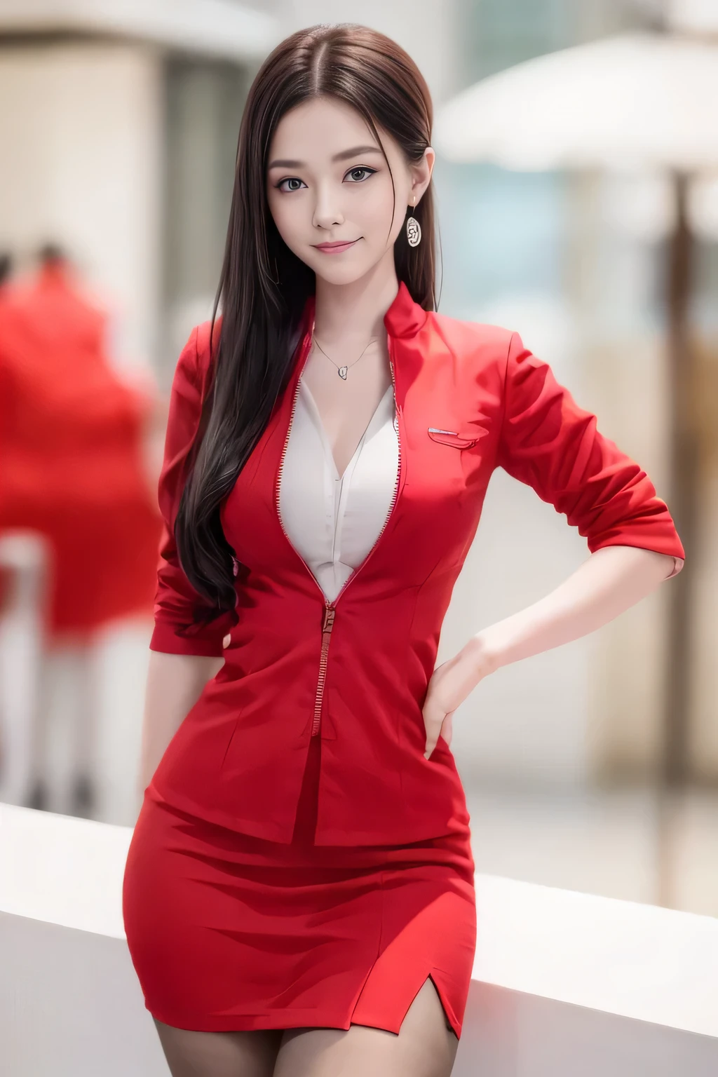 (masterpiece:1.2, Highest quality:1.2), 32k HDR, High resolution, (alone, 1 Girl), (AirAsia stewardess uniform realistic style), A proper woman, Beautiful Face, Brown Hair, (Long hair down to the legs), (Red jacket:1.1, Unzipped jacket, Unbuttoned white shirt:1.05, Red mini skirt:1.1, pantyhose),(Showing big through cleavage in unbuttoned white shirt)、(long hair that reaches down to the legs)、Perfect slim body:1.1, Huge breasts, huge breasts cleavage, Detailed skin texture, Beautiful Eyes, (Attractive look:1.2), necklace、Earrings、(forward leaning posture:1.5), On the roof of a building, Rooftop at daytime,blue eyes、Hands should be lowered