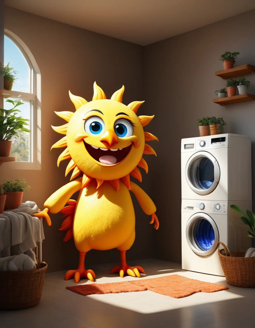 (design of character),Sun with enthusiasm and joy while standing in front of a washing machine, anthropomorphic sun, Mattresses are chickens, smiling, big shiny eyes, Fantastic,Eccentric,similar to a fairy tale, super detailing, pixel style, vibrant with colors, soft natural light, solid color backdrop, 5-octane rendering, a gorgeous, Ultra Wide Angle, 8k, high realism, 8k