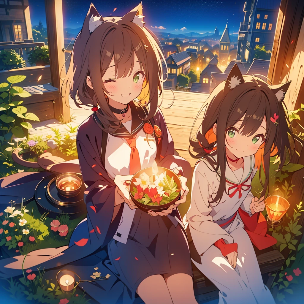 kawaii, anime, Cute, hyper quality, highly detailed, 8k, Front facing, Clarity, brown long hair, green eyes, smile, whole body, Cat ear, amaryllis, Close your eyes and smile with your mouth open, fly in the sky, good sisters, Cat ears stick out from the witch's hat, witch's black robe, fantasy, fog effect, particles of light, Uplifting, magically floating in the air, bird's eye view, flower blooming hill, colorful amaryllis, Cityscape lit with lights, starry sky, clock tower, iris, You can see the cityscape in the distance, fly in the sky with a broom, western witch, medieval cityscape, cape, amaryllis flower, magic effect, wizard's robe, cat ears, close your eyes and laugh,