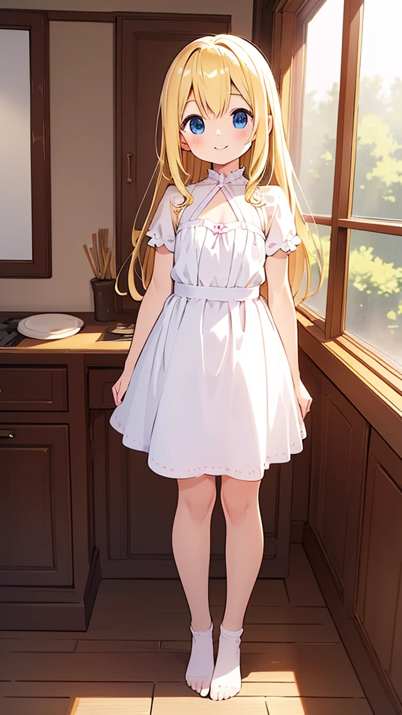 ((masterpiece))((Highest quality))girl、smile、blush、Flat Chest、Are thin、Blonde Hair、blush、Are standing、Whole body image、Eye level to the feet、front、No background、真frontのアングル、Alice&#39;s outfit full of frills、Twin tails、、Fisheye Lens