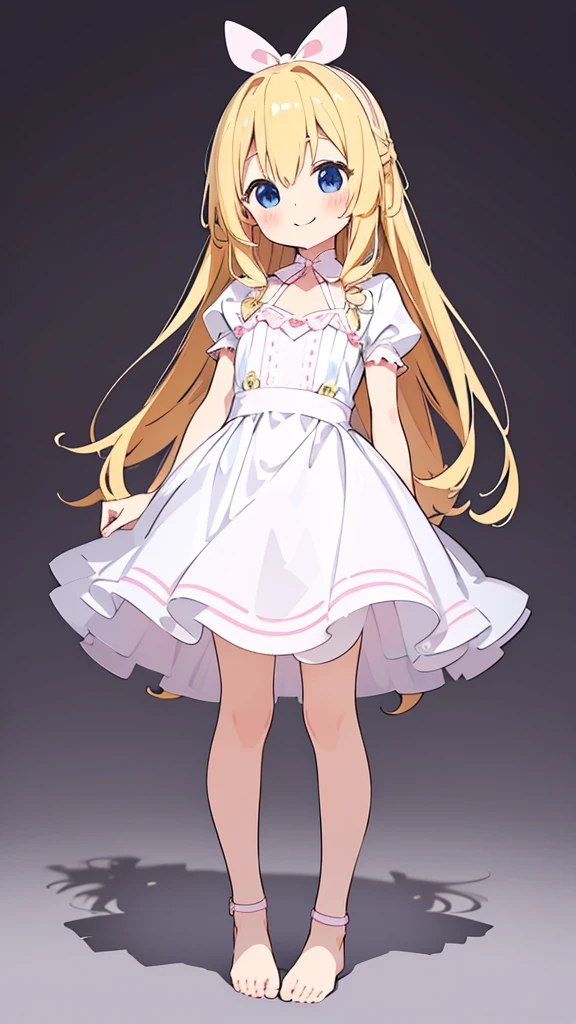 ((masterpiece))((Highest quality))girl、smile、blush、Flat Chest、Are thin、Blonde Hair、blush、Are standing、Whole body image、Eye level to the feet、front、No background、真frontのアングル、Alice's outfit full of frills、Twin tails、、Fisheye Lens