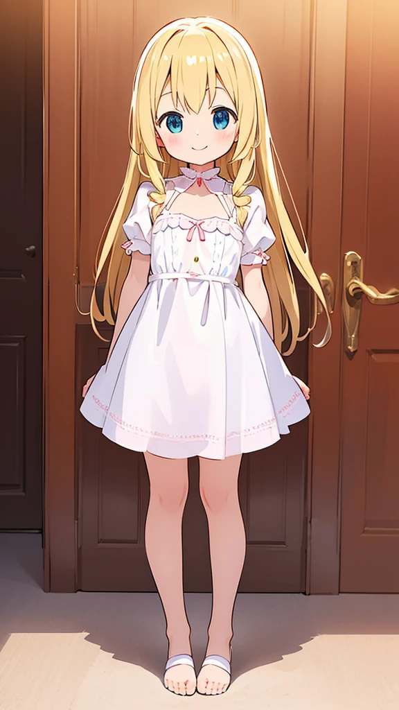 ((masterpiece))((Highest quality))girl、smile、blush、Flat Chest、Are thin、Blonde Hair、blush、Are standing、Whole body image、Eye level to the feet、front、No background、真frontのアングル、Alice&#39;s outfit full of frills、Twin tails、、Fisheye Lens