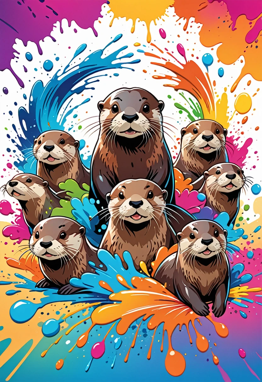 Vector Art, Colorful illustration with lots of otters, In the center, Vibrant colors, Paint splatters and stains, High Detail,Hawaiian style background