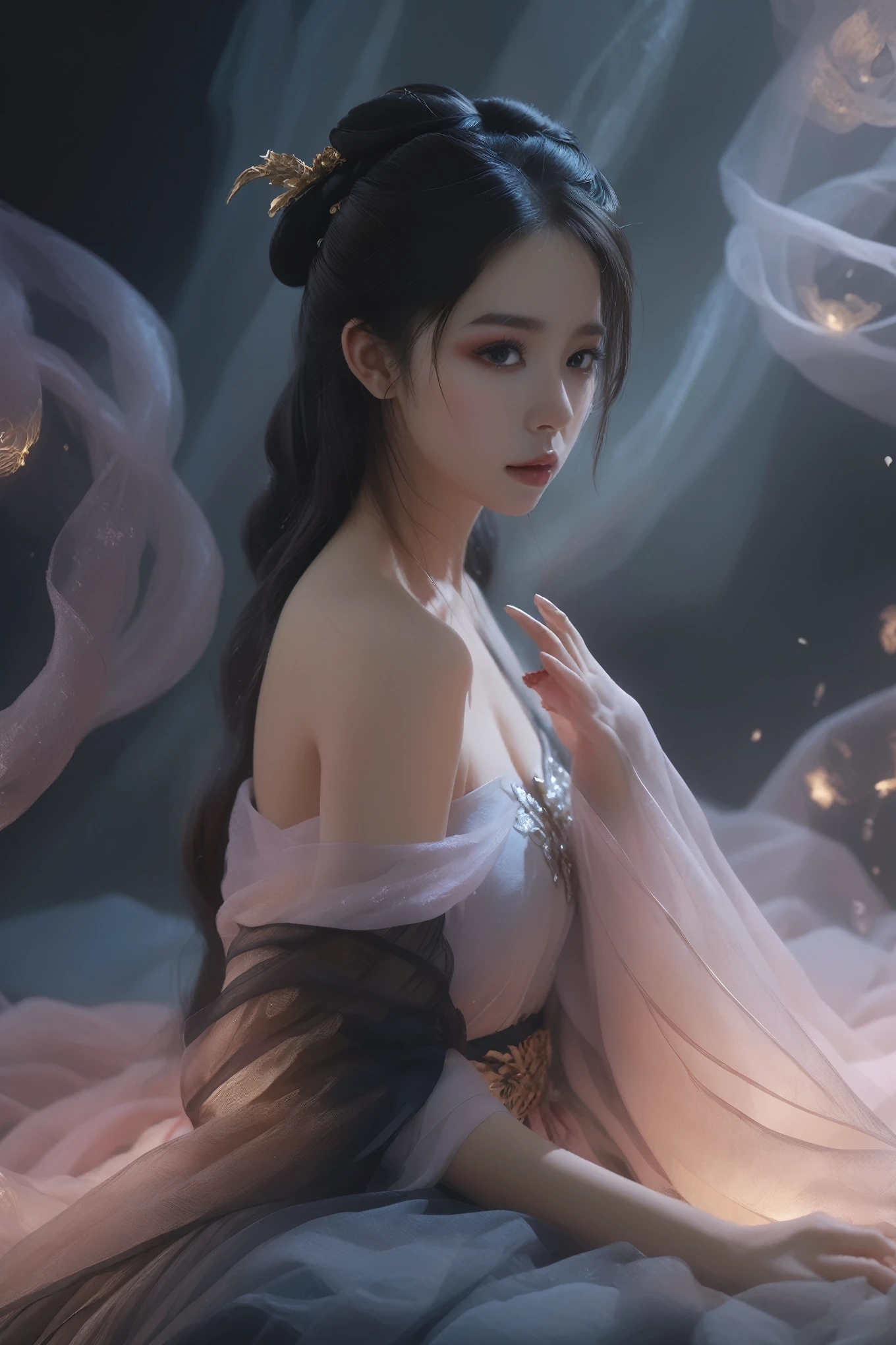 Ultra HD, 8K, Extremely detailed, Photos of Dark Fantasy Art, Girl in tulle skirt,making eye contact, dark, Moody, dark fantasy style, Beautiful Lights, great composition