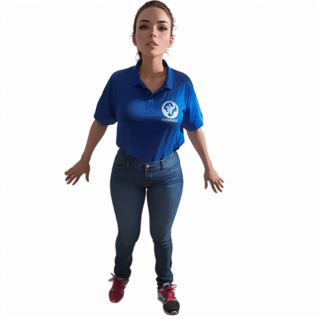 a beautiful woman with brown hair, blue shirt, bioomathematic writing on the shirt, jeans and with tennis shoes standing with her hands outstretched, sarcastic full body pose, frontal pose, full body photography, full body photography, full body photo, full body action pose, full body model, non posing, full body female, centered full body shot, full body dynamic pose, full body profile camera shot, pose, in pixer style, disney