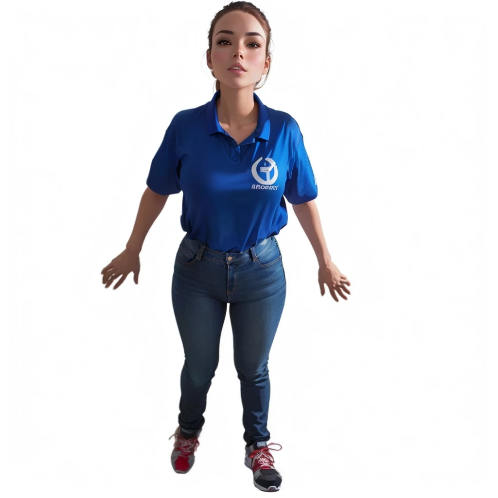 a beautiful woman with brown hair, blue shirt, bioomathematic writing on the shirt, jeans and with tennis shoes standing with her hands outstretched, sarcastic full body pose, frontal pose, full body photography, full body photography, full body photo, full body action pose, full body model, non posing, full body female, centered full body shot, full body dynamic pose, full body profile camera shot, pose, in pixer style, disney