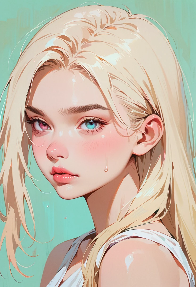 (masterpiece, best quality:1.2), 1 girl, solitary，Anime style, Heterochromia, Frowning, lips pink, nervous，Lips tightly closed, Long blond hair, One side long sideburns, Cyan background.
