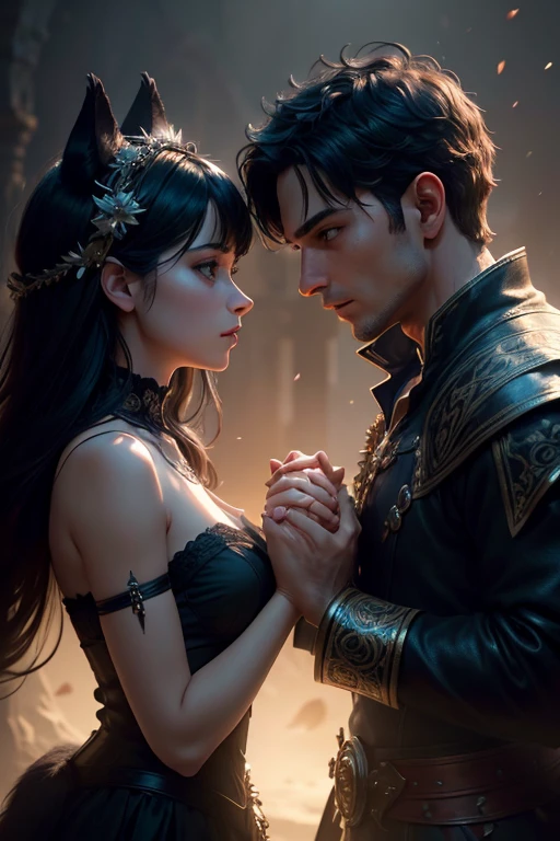 a female and a male silhouette holding hands,looking at each other,both wearing crowns,female with black hair,black wolf ears and tail,male with dark brown hair,wolf ears and tail,(best quality,4k,8k,highres,masterpiece:1.2),ultra-detailed,(realistic,photorealistic,photo-realistic:1.37),fantasy,digital art,highly detailed,exquisite details,cinematic lighting,dramatic colors,volumetric lighting,intricate details,chiaroscuro lighting,dramatic shadows,dramatic colors,vibrant colors