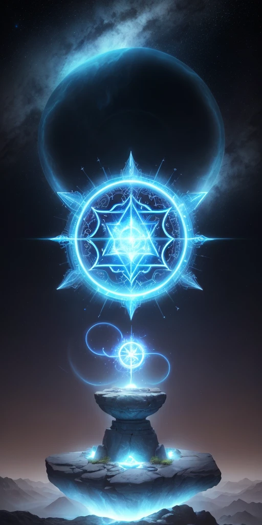 A fantastic style ebook cover, featuring a magical portal in the center. The portal is made of ancient stone with glowing runes and emanates a mystical blue light.. Ao fundo, a new and dazzling world is glimpsed, with alien landscapes, floating mountains and a starry sky. Em primeiro plano, an ancient and elaborate key floats in front of the portal, radiating energy. The title "Portals and Keys" is positioned at the top, in an elegant and magical font, while the subtitle "Exploring the Unknown and Revealing New Worlds" is just below, in a smaller, harmonious font.