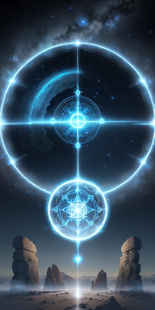 A fantastic style ebook cover, featuring a magical portal in the center. The portal is made of ancient stone with glowing runes and emanates a mystical blue light.. Ao fundo, a new and dazzling world is glimpsed, with alien landscapes, floating mountains and a starry sky. Em primeiro plano, an ancient and elaborate key floats in front of the portal, radiating energy. The title "Portals and Keys" is positioned at the top, in an elegant and magical font, while the subtitle "Exploring the Unknown and Revealing New Worlds" is just below, in a smaller, harmonious font.
