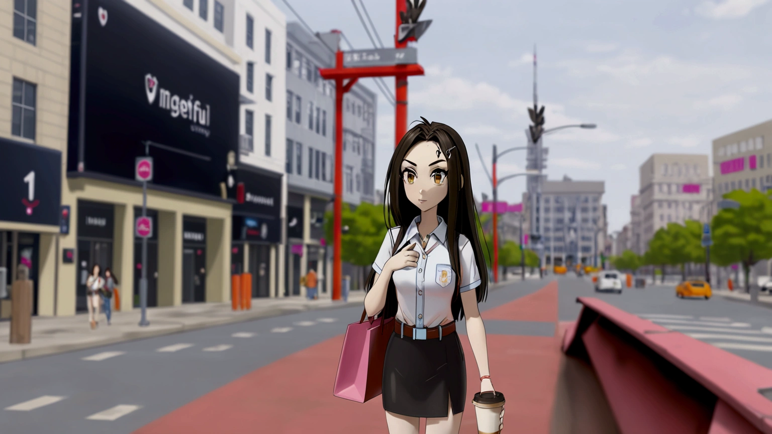 realistic anime illustration of a pretty college girl hangout around city downtown, walking around downtown, holding a cup of iced coffee, carrying pink tote bag, wearing uniform (white short sleeve shirt, collared shirt, black pencil mini skirt with belt, sandals), (1girl, solo, full body), (masterpiece, best quality)