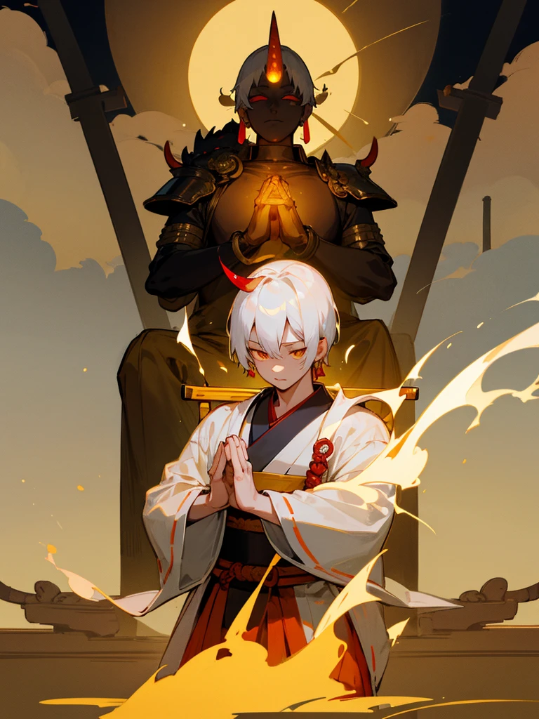 Buddha,Burning Eyes, horn, white short hair, black armor, torii, man, full moon, hands together in prayer, Zen meditation Golden guardian dog Japanese sword