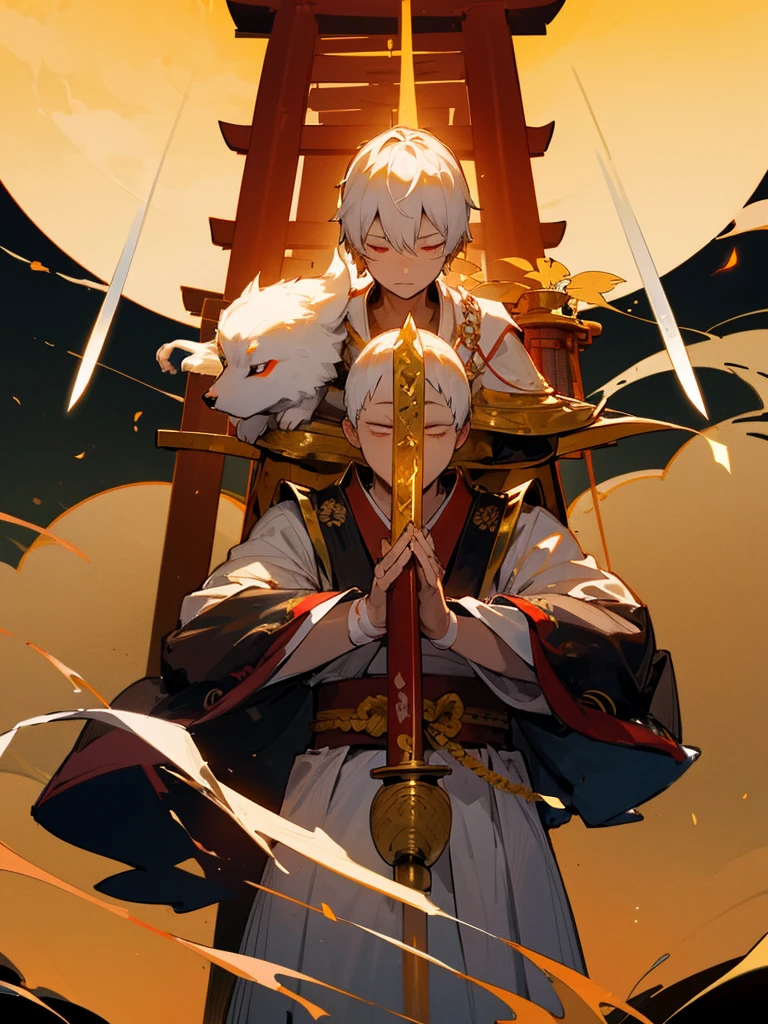 Buddha,Burning Eyes, horn, white short hair, black armor, torii, man, full moon, hands together in prayer, Zen meditation Golden guardian dog Japanese sword