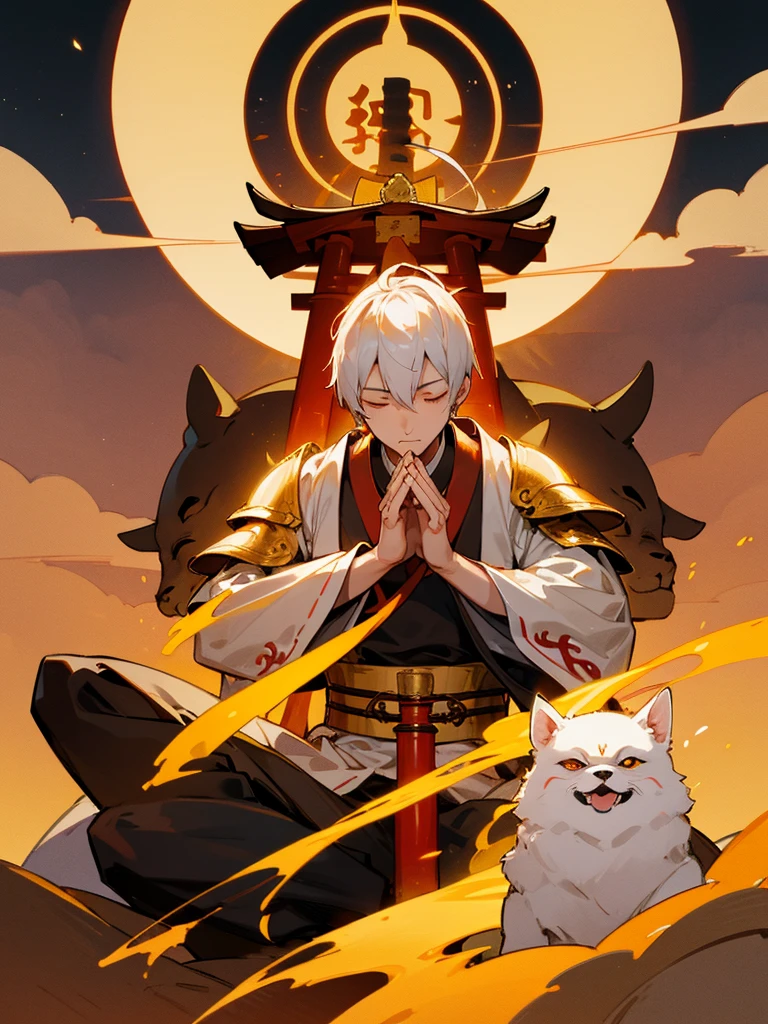 Buddha,Burning Eyes, horn, white short hair, black armor, torii, man, full moon, hands together in prayer, Zen meditation Golden guardian dog Japanese sword