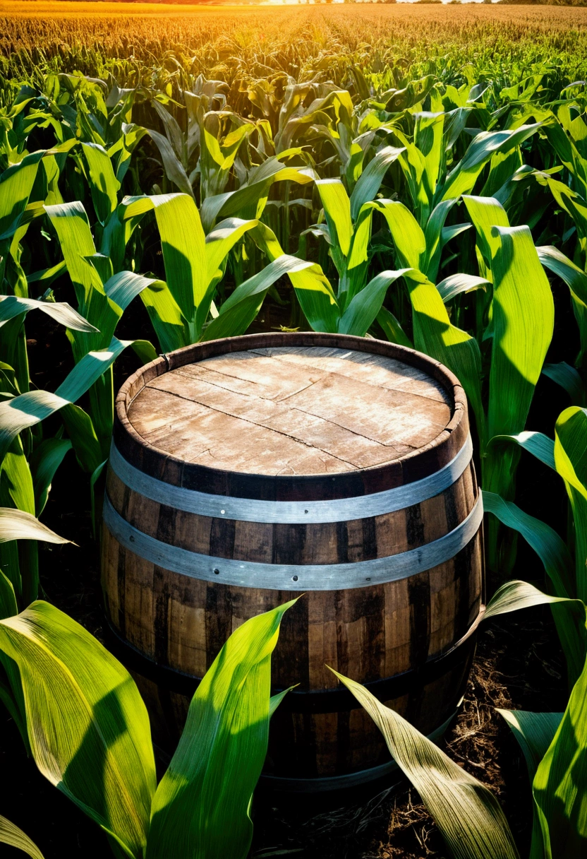 whisky barrel on a cornfield