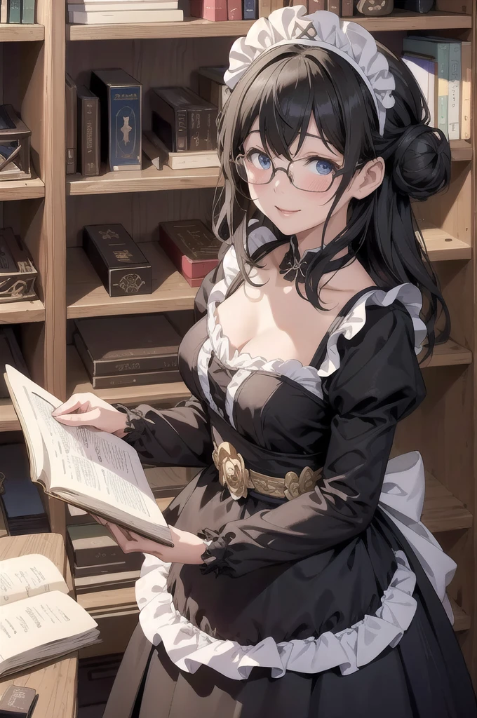 sagisawa fumika, One Girl, Glasses, Maid, alone, Bookshelf, blue eyes, Black Hair, Alternative costumes, Maid headdress, apron, enMaided, smile, Juliet Sleeve, dress, Long sleeve, Puff sleeves, Glassesをかけた, View your audience, Book, Maid apron, single Hair Bun, chest, library, white apron, Hair Bun, indoor, blush, brooch, Frills, black dress, official Alternative costumes, large chest, Long Hair, Side Lock, 丸いGlasses