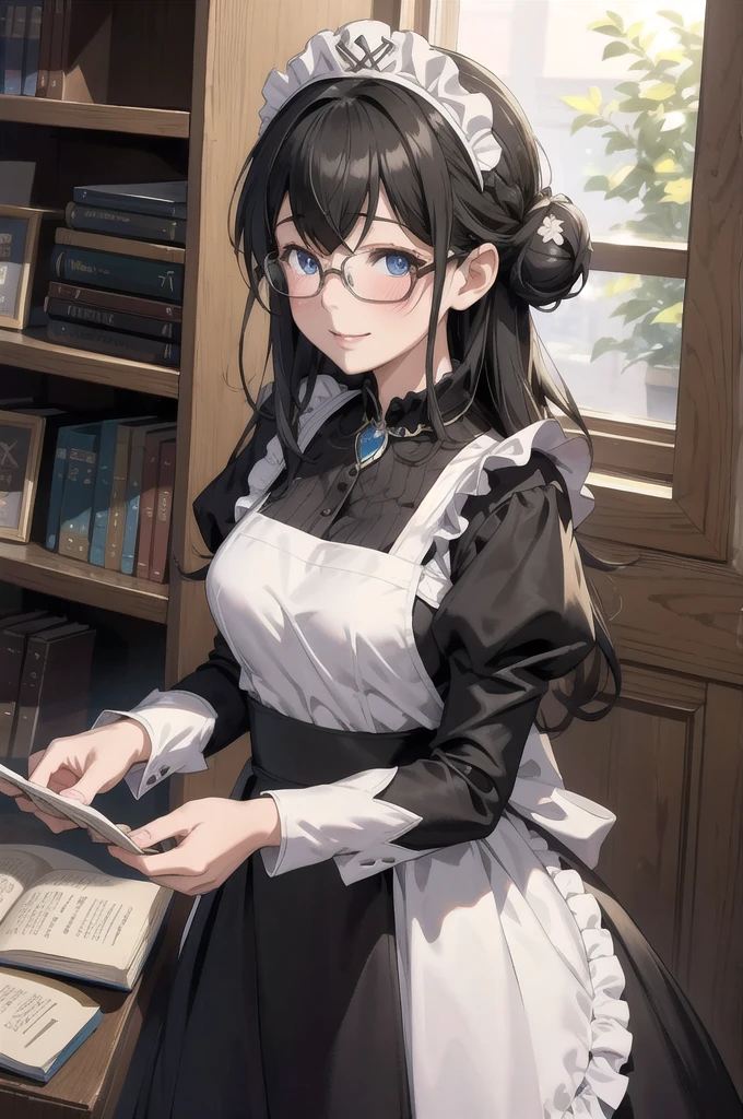 sagisawa fumika, One Girl, Glasses, Maid, alone, Bookshelf, blue eyes, Black Hair, Alternative costumes, Maid headdress, apron, enMaided, smile, Juliet Sleeve, dress, Long sleeve, Puff sleeves, Glassesをかけた, View your audience, Book, Maid apron, single Hair Bun, chest, library, white apron, Hair Bun, indoor, blush, brooch, Frills, black dress, official Alternative costumes, large chest, Long Hair, Side Lock, 丸いGlasses