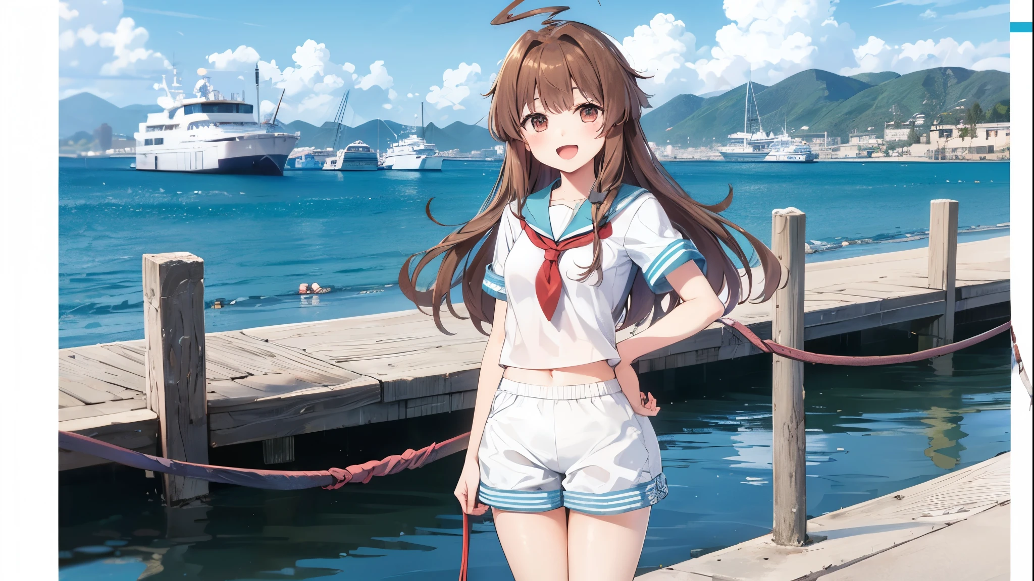 1young_teen_ girl,  brown_hair, long_hair, sailor_uniform,white_ baggy_shorts, short_sleeve, thighs, small_breasts, big_smile, open_mouth, standing, harbor_background, slightly_spread_legs, happiness, covered_crotch,ahoge,XD,exciting,dynamic_posin@,