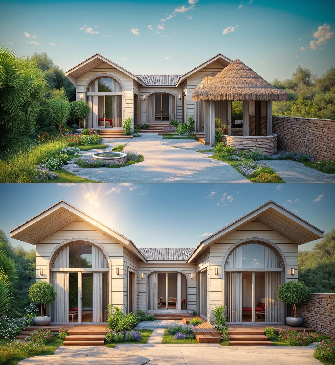 Realistic images, extremely detailed, a modern house,(((1 road in font of house))), large yard made by ceramic, (1 car), brick fence, lawn, a few small flowers, a road in front of the house, main materials of the house are white walls and red brick, Modern design, clear blue sky, sunrise light, light from inside, dynamic light,shimering light, cinematic light, romantic feeling, (((day light, warm light)))