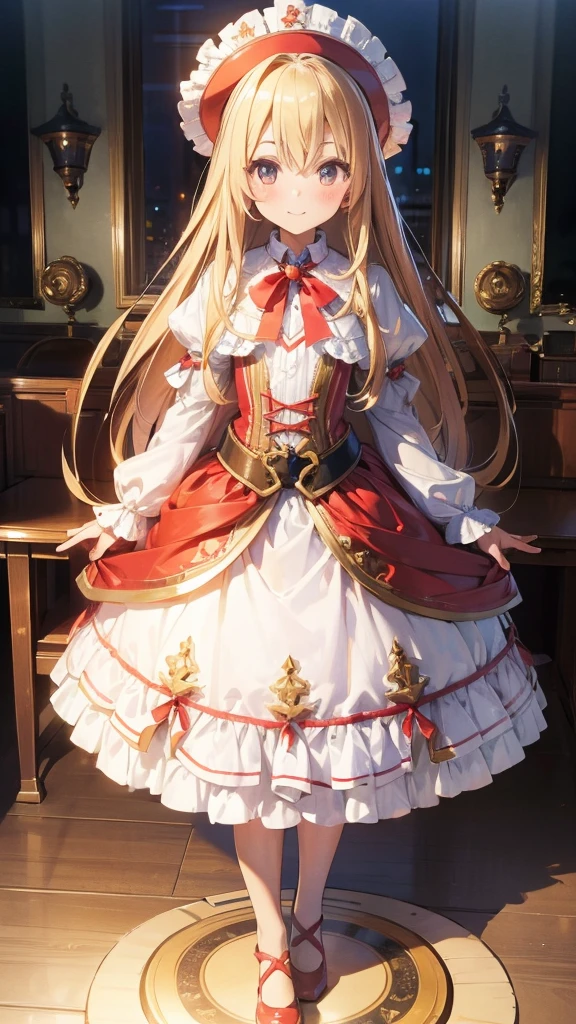 ((masterpiece))((Highest quality))girl、smile、blush、Flat Chest、Are thin、Blonde Hair、blush、Are standing、Whole body image、Eye level to the feet、front、No background、真frontのアングル、Alice's outfit full of frills、Twin tails