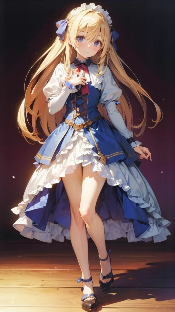 ((masterpiece))((Highest quality))girl、smile、blush、Flat Chest、Are thin、Blonde Hair、blush、Are standing、Whole body image、Eye level to the feet、front、No background、真frontのアングル、Alice&#39;s outfit full of frills、Twin tails