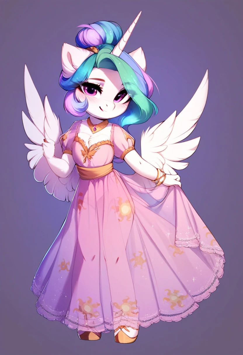 check_9, check_8_up, check_7_up, source_fluffy, rating_safe, from Magnaluna, Celestia poses seductively in a white bedroom, hair bun with bangs, pink eyes, white body, anthro, blushing, wearing purple see through dress, full body