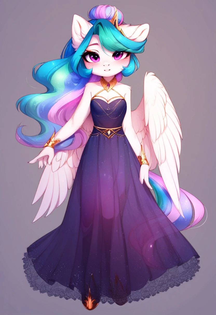 check_9, check_8_up, check_7_up, source_fluffy, rating_safe, from Magnaluna, Celestia poses seductively in a white bedroom, hair bun with bangs, pink eyes, white body, anthro, blushing, wearing purple see through dress, full body