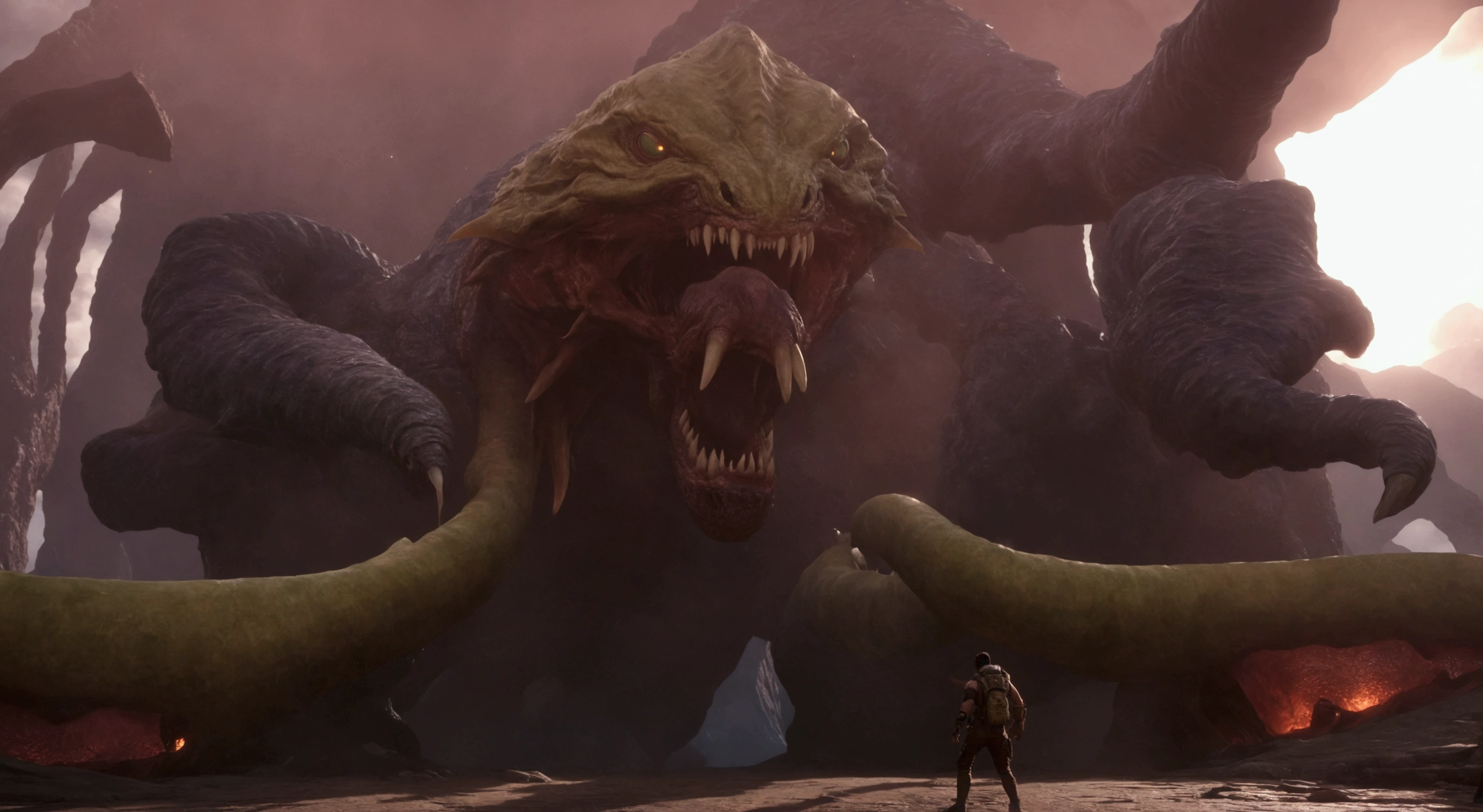 there is a giant monster with a man standing in front of it, gaping maw, big titan creature in the center, detailed hot maw, a creature 5 meters tall, detailed maw, you looking into the maw, huge creature, ilithid, mantis head monster god temple, cacodemon, z'gok. 8 k hd resolution