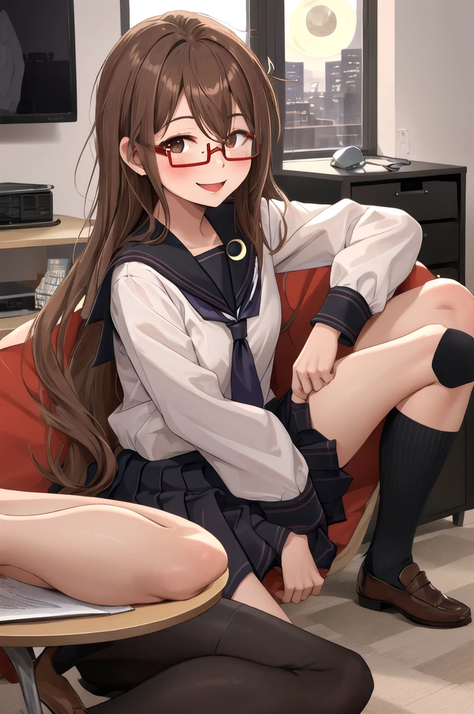 Highest quality, masterpiece, High resolution, alone, {full moon_Fleet Collection:1.15}, Long Hair, Brown Hair, Glasses, brown_eye, red-framed_Glasses, semi-rimless_Glasses, Crescent Moon, black_Seraphim, blush, Under Rim_Glasses, One girl, Closed_eye, Open_mouth, School_uniform, (indoor, office, living room), , blackスカート, ^_^, eggplant, smile