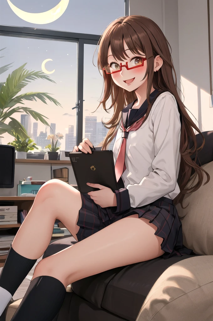 Highest quality, masterpiece, High resolution, alone, {full moon_Fleet Collection:1.15}, Long Hair, Brown Hair, Glasses, brown_eye, red-framed_Glasses, semi-rimless_Glasses, Crescent Moon, black_Seraphim, blush, Under Rim_Glasses, One girl, Closed_eye, Open_mouth, School_uniform, (indoor, office, living room), , blackスカート, ^_^, eggplant, smile