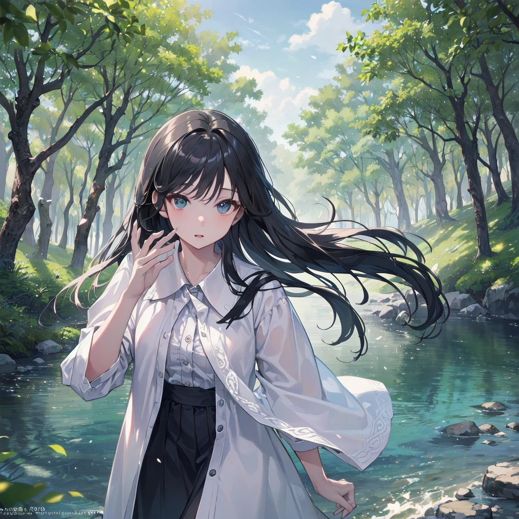 (Highest quality、masterpiece、High resolution、8k)、Vibrant colors、1 female、Long black hair、whole body、barefoot、thin、(Detailed face、Beautiful Eyes、Beautiful Nose、Pretty lips)、A woman in a white dress jumps high、Official Art、blue sky、Wide sandy beach、Wide forest、