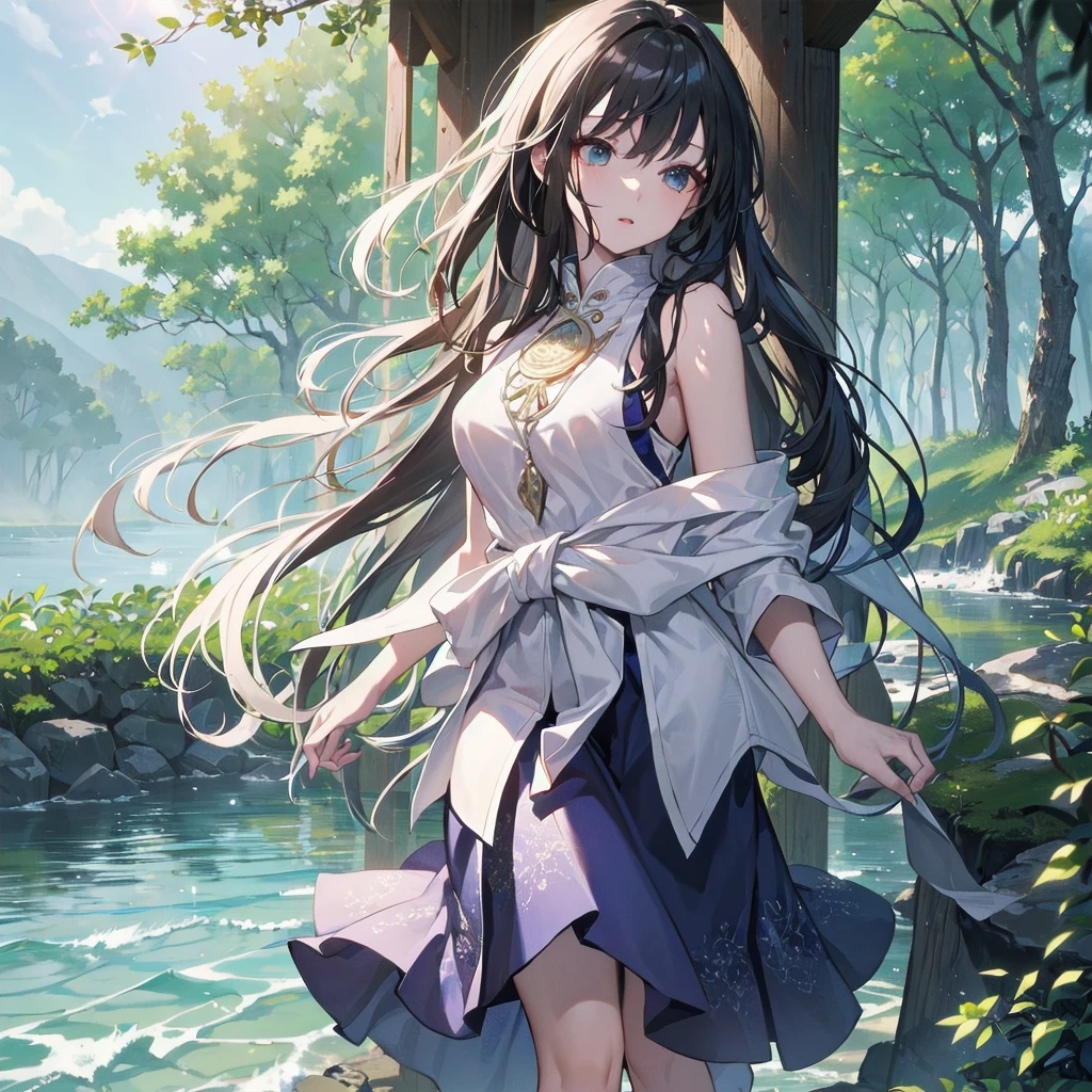 (Highest quality、masterpiece、High resolution、8k)、Vibrant colors、1 female、Long black hair、whole body、barefoot、thin、(Detailed face、Beautiful Eyes、Beautiful Nose、Pretty lips)、A woman in a white dress jumps high、Official Art、blue sky、Wide sandy beach、Wide forest、