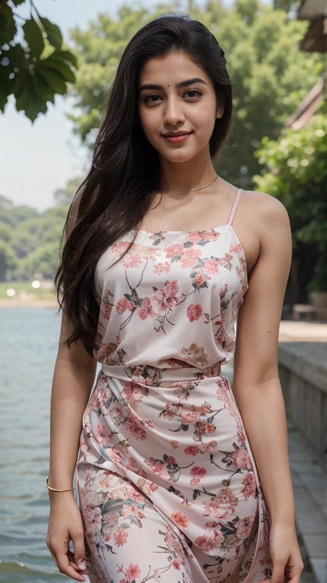 A beautiful young woman, Ananya Pandey wearing pink printed classic fabulous dress hot looking attractive pose smile beautiful lake Full figure view perfect anatomy,ultra detailed face and eyes, ultra sharp HDR, realistic realism, 8k
