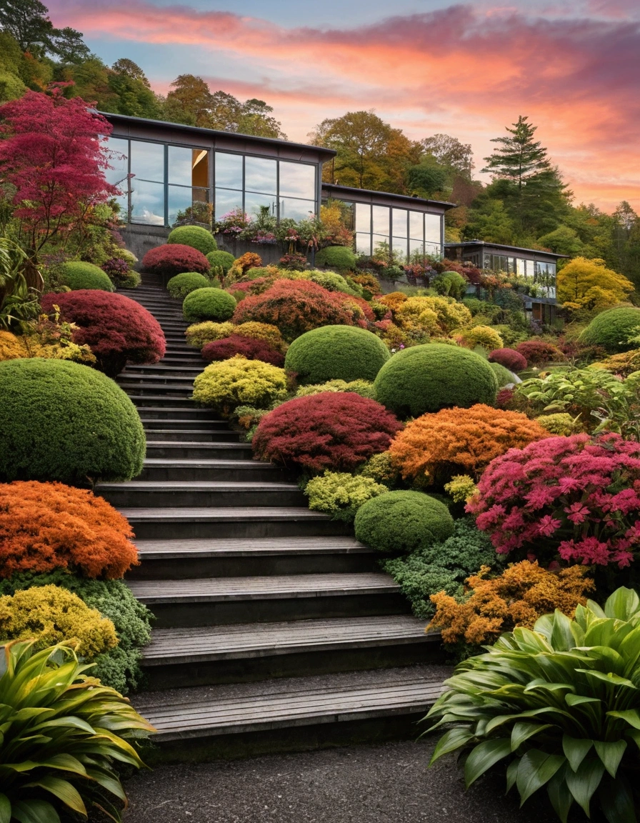 wide view, plant nursery of wide plants, evening time, tropical forest, autumn, reflection, flowery bushes, spring, greenery, multi-storey, stairs, Norway, beautiful weather, windy, illustration, vibrant tones, shining clouds, thick lines, cozy tones, beautiful sky, Ghibli style, outdoors, cozy atmosphere, micro landscape, intrinsic details