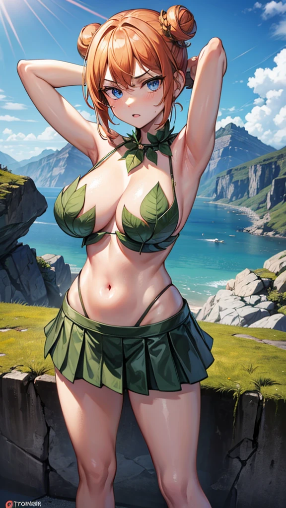 (masterpiece), best quality, expressive eyes, perfect face, 1girl, solo, tomboy, mature female, big breasts, short hair, Cleavage, orange hair BREAK hair buns, double buns, blue eyes BREAK leaf bikini, :/, glaring, arms up, arms behind head, standing, mountains, rocky landscape, rocks, wasteland, bare legs