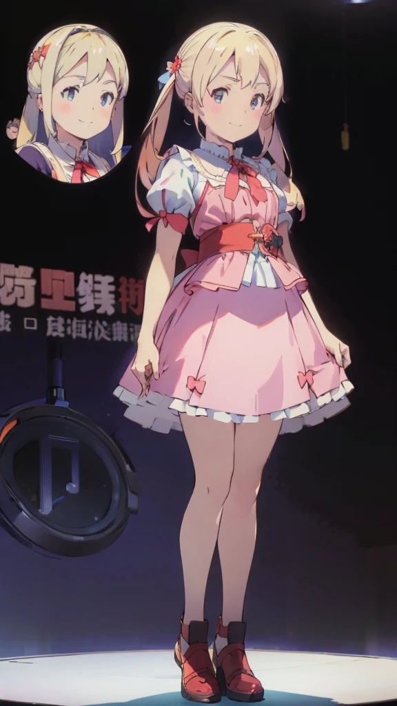 ((masterpiece))((Highest quality))girl、smile、blush、Flat Chest、Are thin、Blonde Hair、blush、Are standing、Whole body image、Eye level to the feet、front、No background、真frontのアングル、Alice Clothing、Twin tails