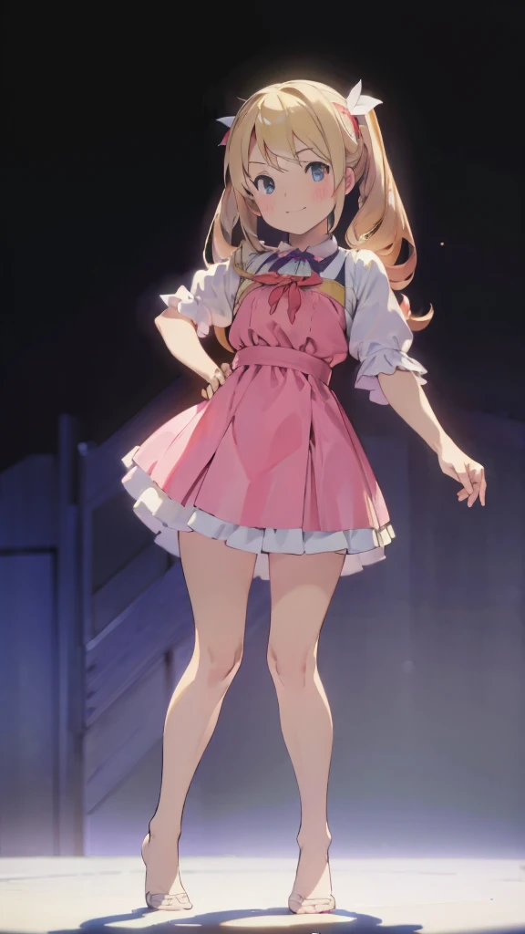 ((masterpiece))((Highest quality))girl、smile、blush、Flat Chest、Are thin、Blonde Hair、blush、Are standing、Whole body image、Eye level to the feet、front、No background、真frontのアングル、Alice Clothing、Twin tails